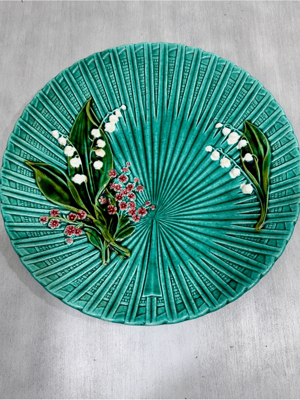 Vtg Schramberg Germany Lily of The Valley Majolica Plate Teal 11.75”